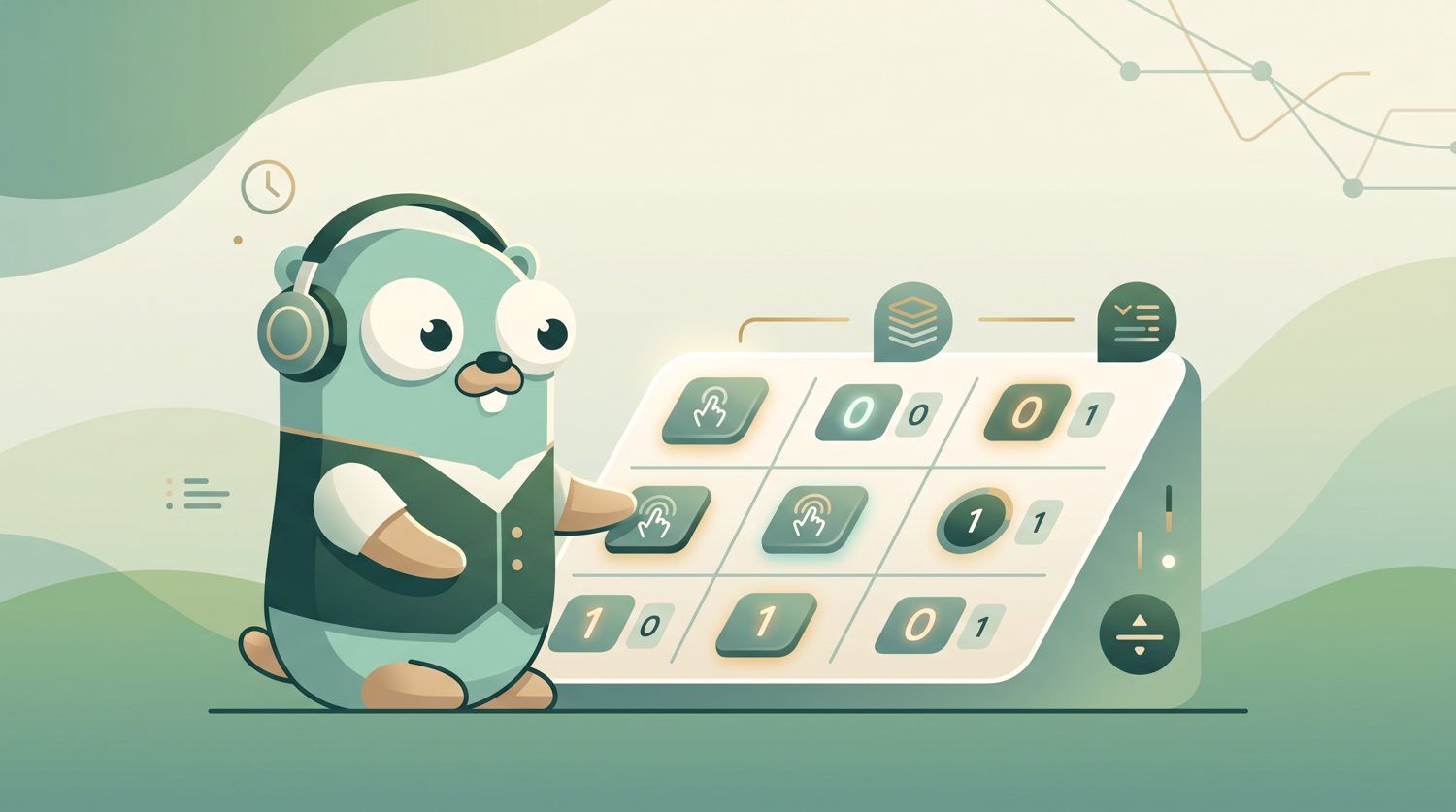 A Go gopher wearing headphones points at a grid of buttons and tiles showing bits set to 0 and 1.