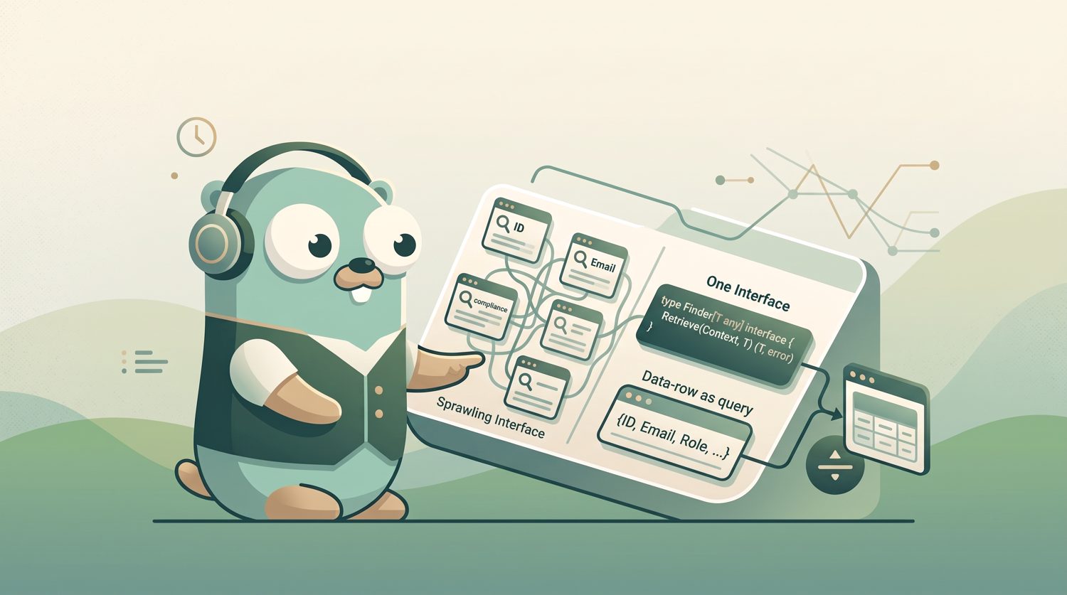 A Go gopher wearing headphones next to a diagram that contrasts a tangle of finder interfaces with one interface.